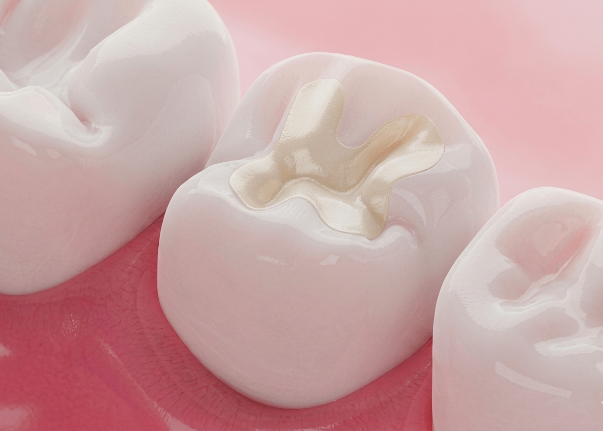 Graphic showing a molar tooth with a filling in it.