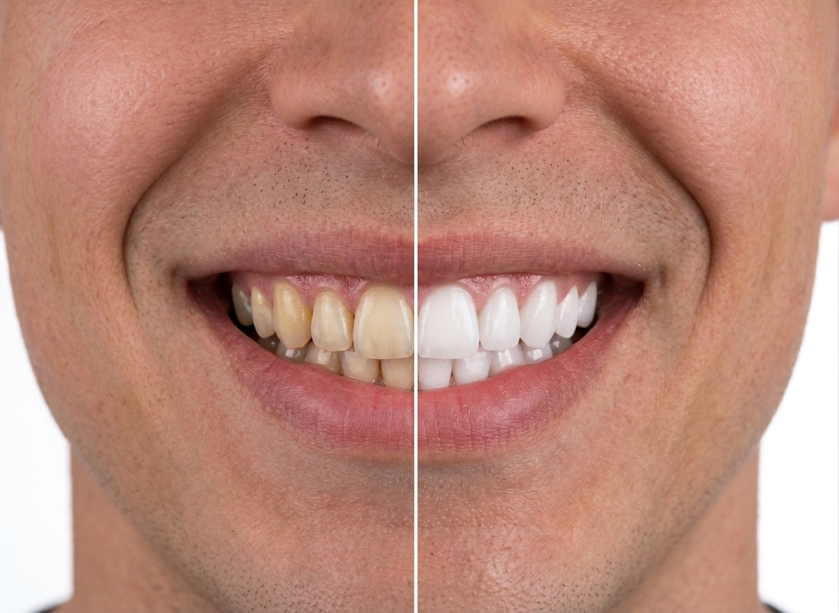 Teeth whitening in Klamath Falls. Klamath Falls full smile makeover. Image of a person smiling with a divider separating the original smile on the left from the improved smile with whiter teeth on the right.