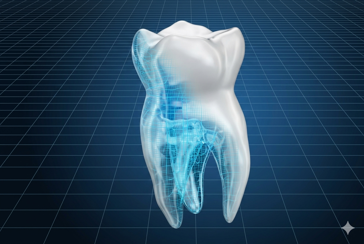 3D model of a tooth on a grid background.
